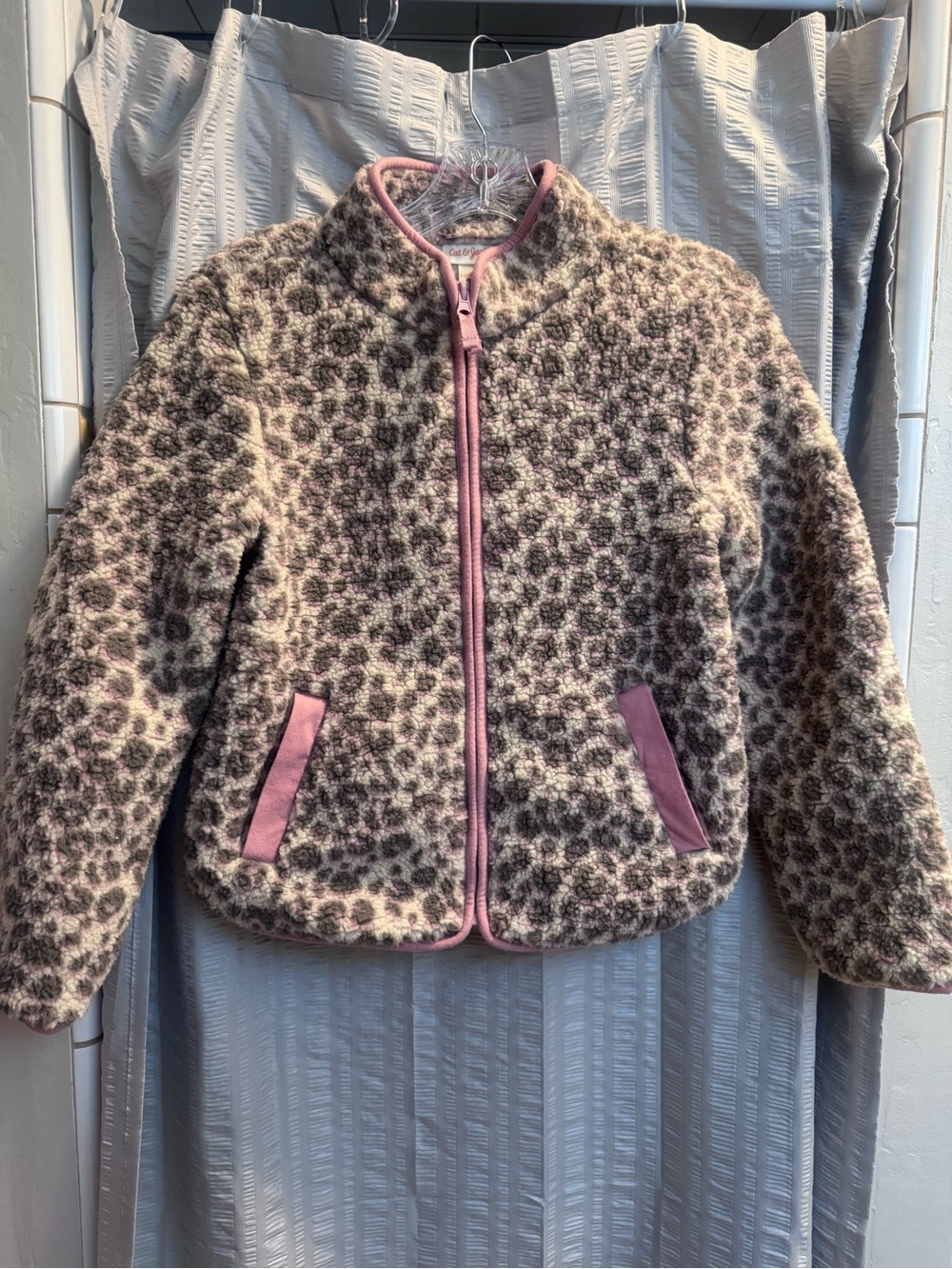 Cat and Jack Girls' Faux Fur Cheetah Leopard Zip Jacket Pink Trim size 10/12